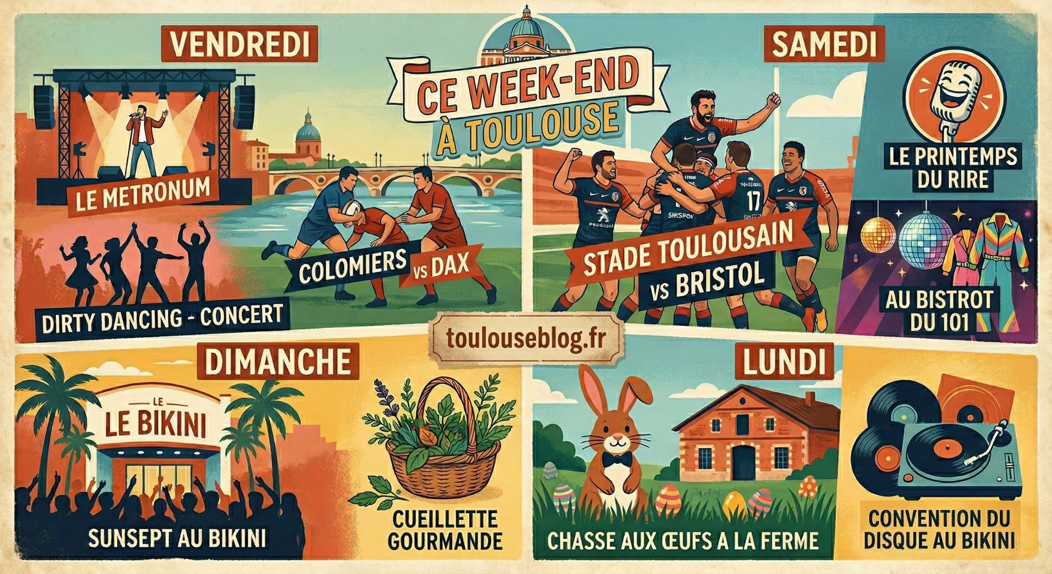 Αναζητάτε ιδέες για εξόδους για αυτό το Σαββατοκύριακο του Πάσχα στην Τουλούζη; Ανακαλύψτε την επιλογή μας από τις 3 έως τις 6 Απριλίου 2026: Stade Toulousain, μπικίνι, συναυλίες, κυνήγι αυγών και βραδιές!